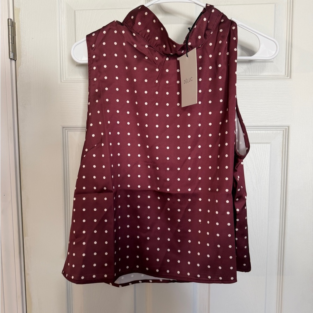 DeLUC Sleeveless Polka Dot Mock Neck Top - Burgundy bow on back, 21ptp nwt